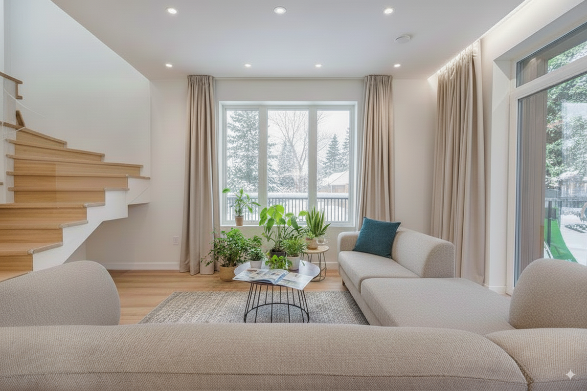 A living room with a light wood floor, cream sofas and an open wooden staircase.