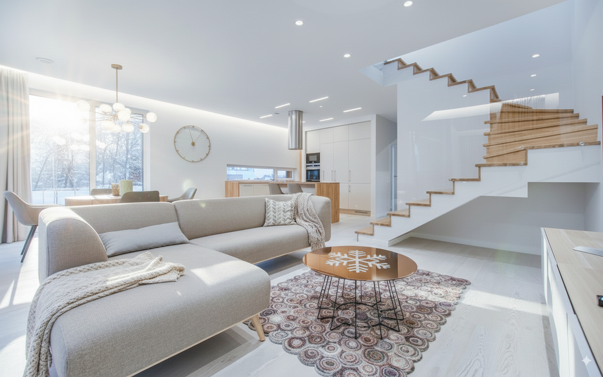 An open-plan living room with a pale floor, a grey sofa and a floating white staircase.