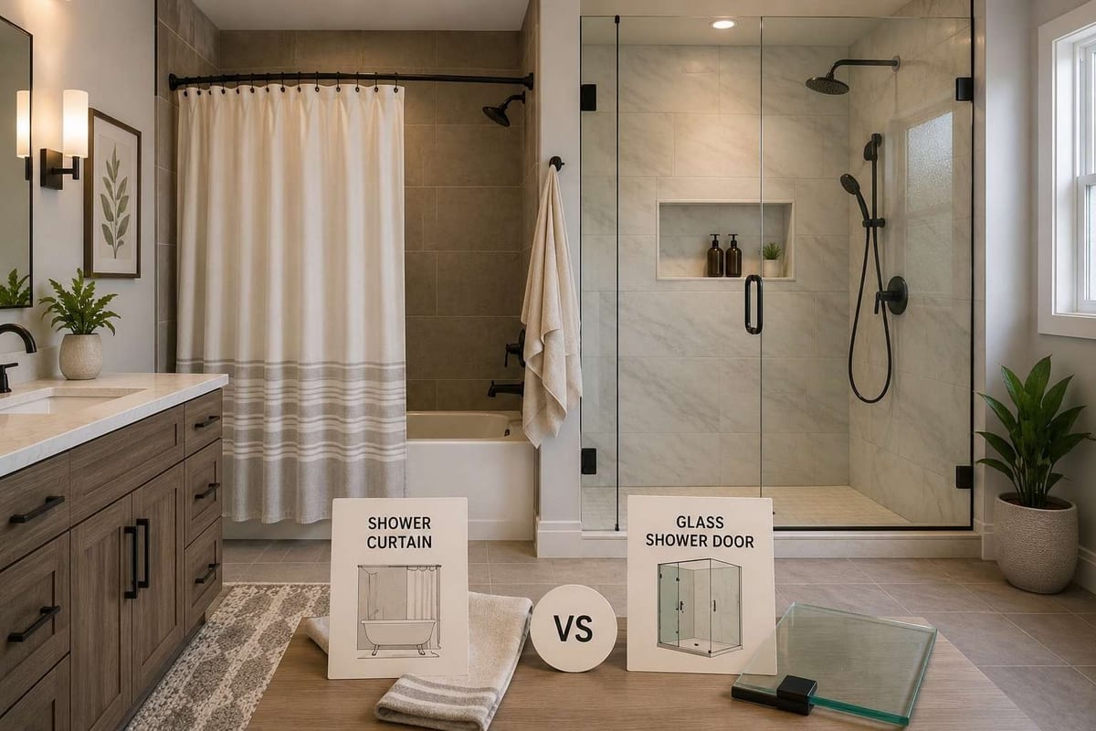 A fabric shower curtain over a tub beside a glass shower enclosure, with two labelled comparison cards marked VS.