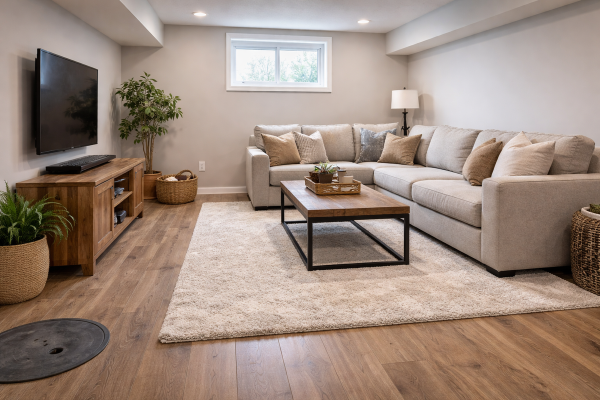 A basement living room with warm wood-look plank flooring, a beige sectional and a shag rug.