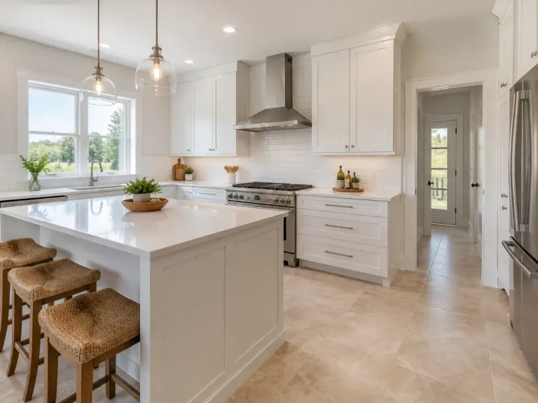 A white kitchen with a white subway tile backsplash, quartz counters and beige porcelain floor tile.