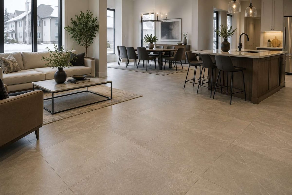 Large-format beige stone-look tile running through an open living, dining and kitchen area with floor-to-ceiling windows.
