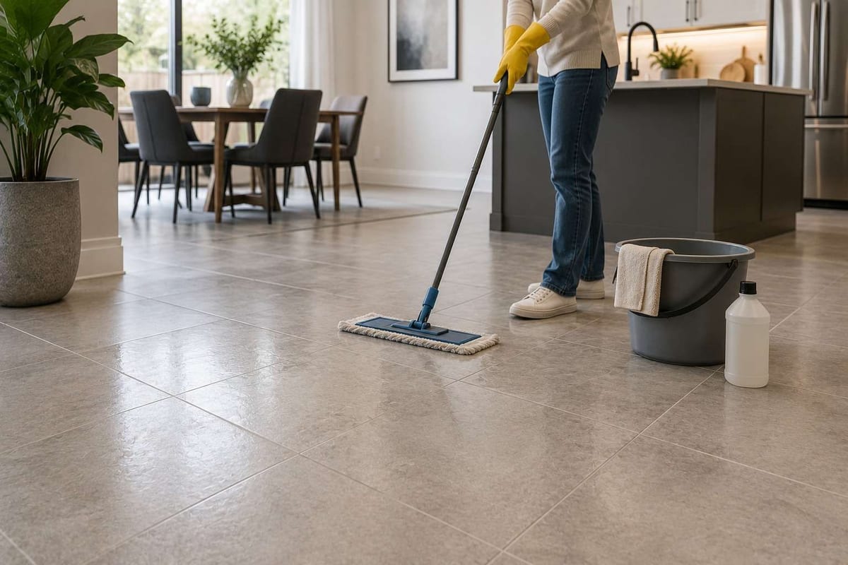 A person mopping large-format beige tile flooring in an open kitchen and dining area, with a bucket and cleaning bottle alongside.