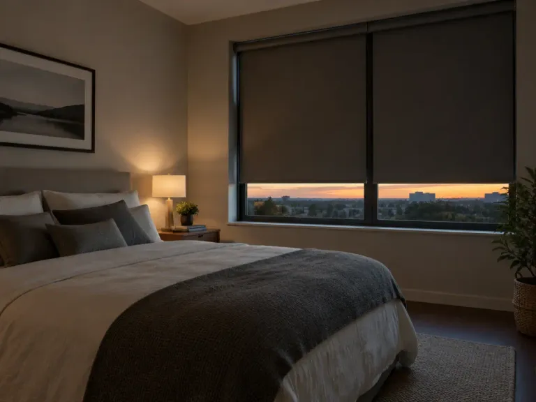 A bedroom with blackout roller shades partly lowered and light showing at the edges of the window.