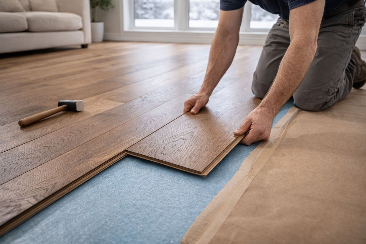 An installer laying brown wood-look planks over a blue underlay, a hammer beside him.