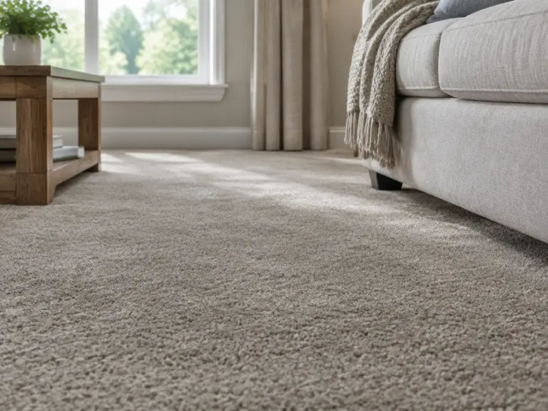 Close-up of soft greige wall-to-wall carpet in a family room beside a sofa.