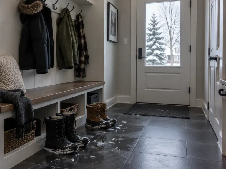A mudroom with dark slate-look porcelain floor tile, a bench with coat hooks and winter boots by the door.