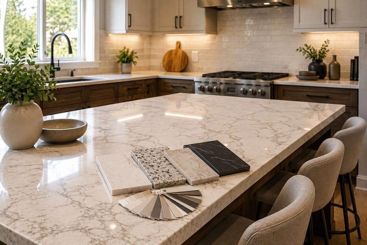A large marbled white quartz island with a stone sample board and tile swatch on top, in a kitchen with wood cabinets.