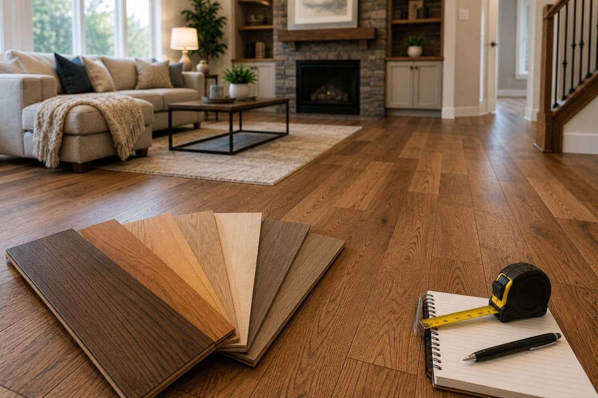 Hardwood samples ranging from pale to dark brown fanned on a hardwood floor with a notebook and tape measure.