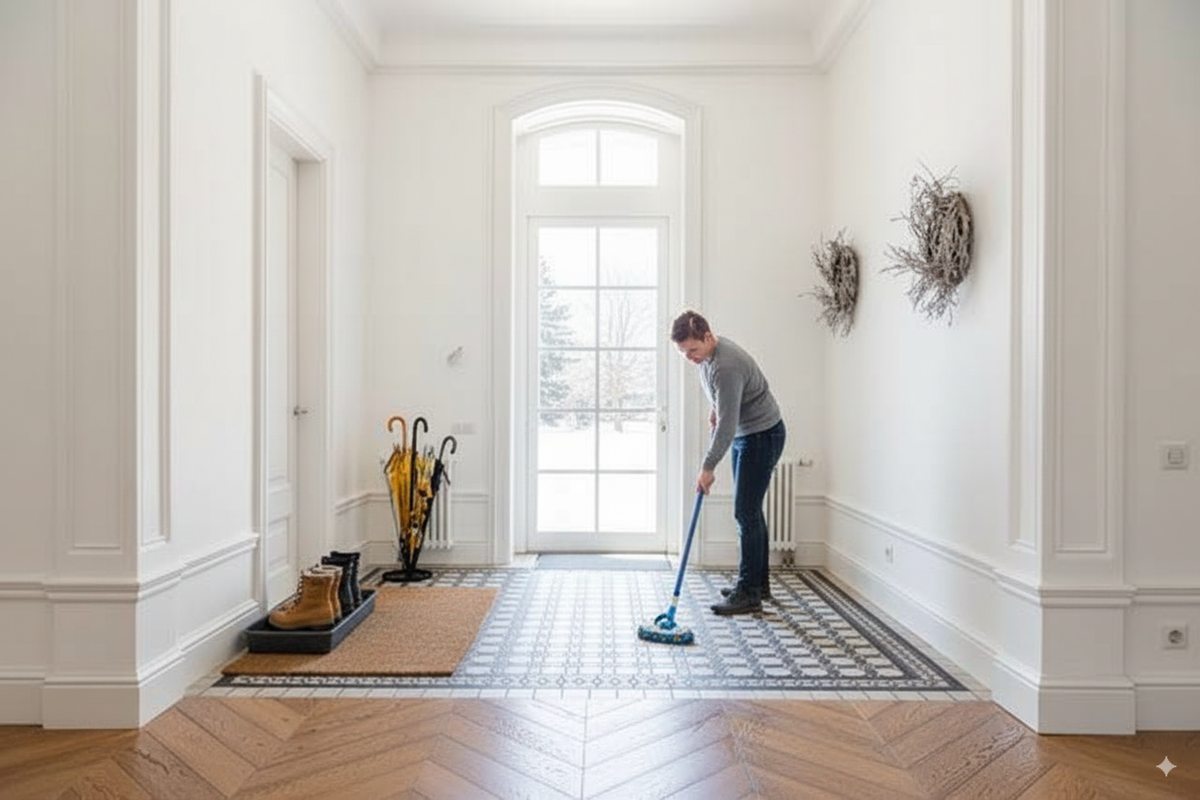A person mopping a patterned tile entry beside a herringbone wood floor in a white hallway.
