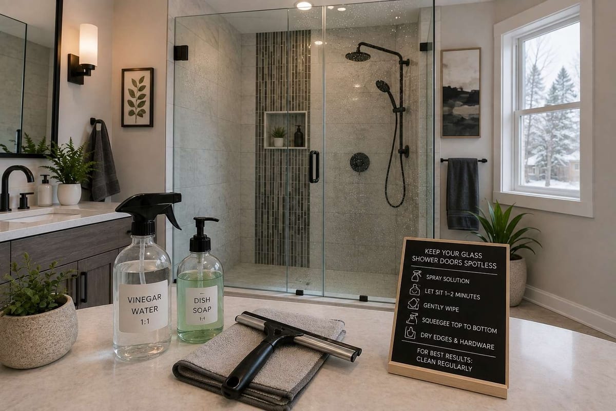 A squeegee, vinegar and dish soap bottles and a printed cleaning-steps card on a bathroom counter in front of a glass shower.