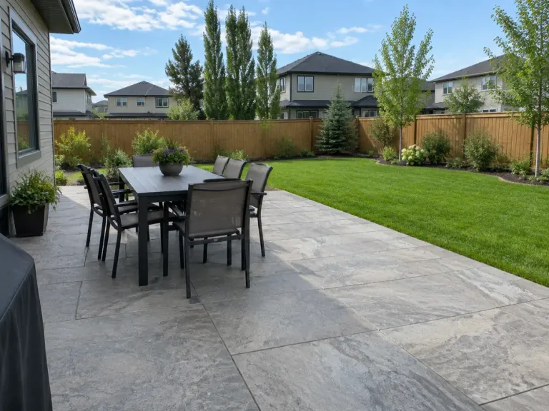 A backyard patio laid with large textured outdoor porcelain pavers, with a table and chairs and a lawn beyond.