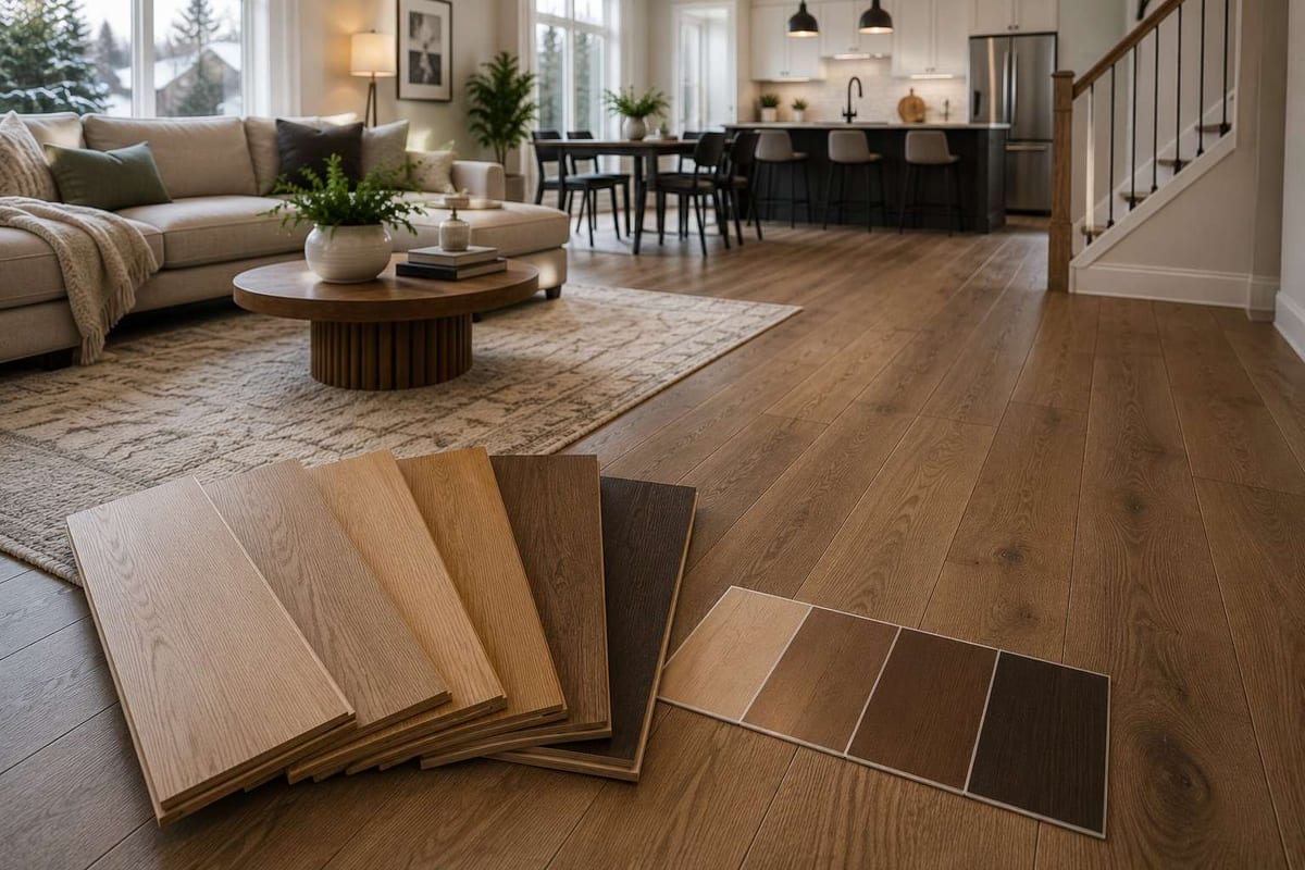 Engineered hardwood plank samples in several stains fanned out on a wood floor in a furnished open-plan living room.