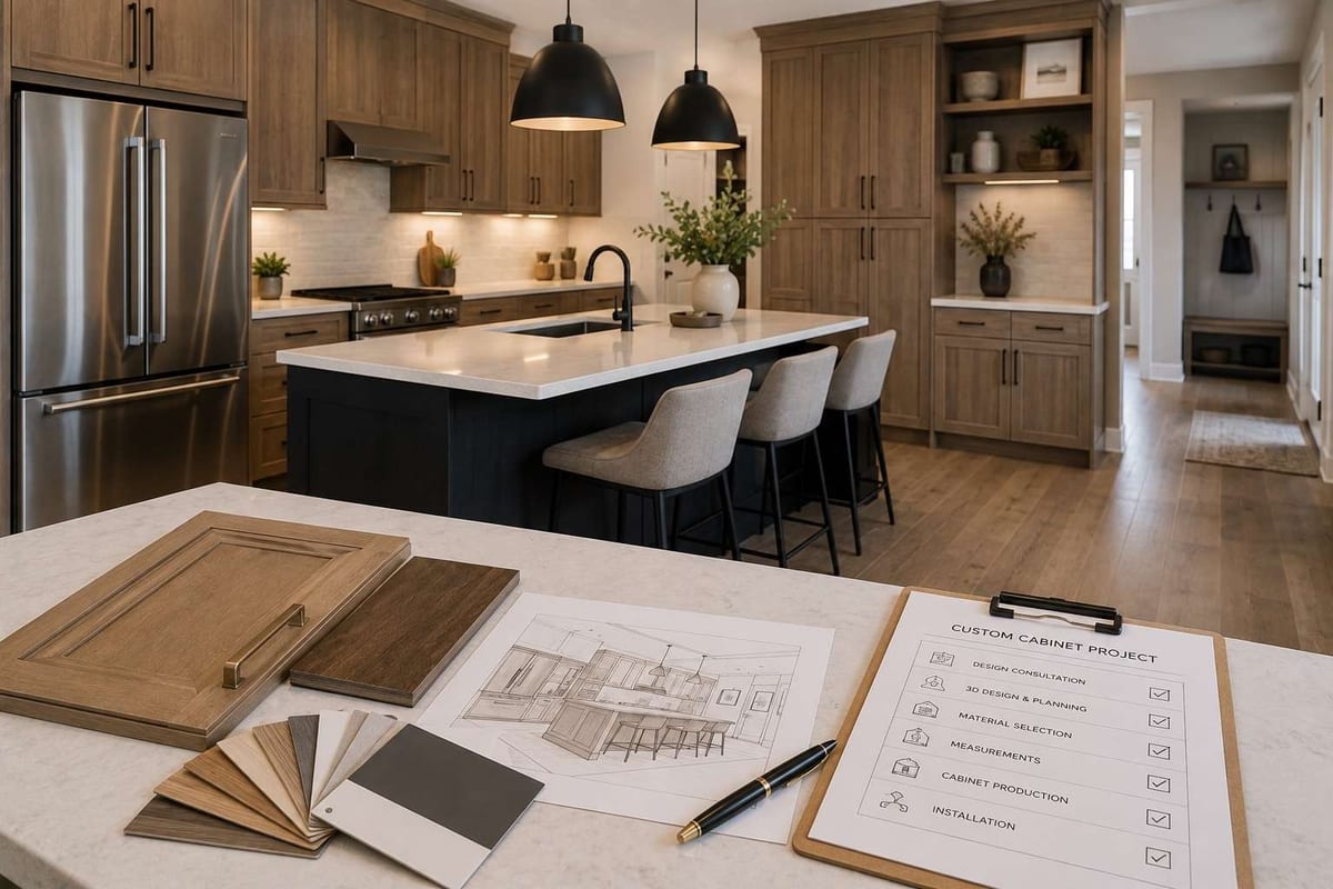 Kitchen with dark cabinetry and a wood-topped island, with cabinet door samples and a project checklist laid out in the foreground.