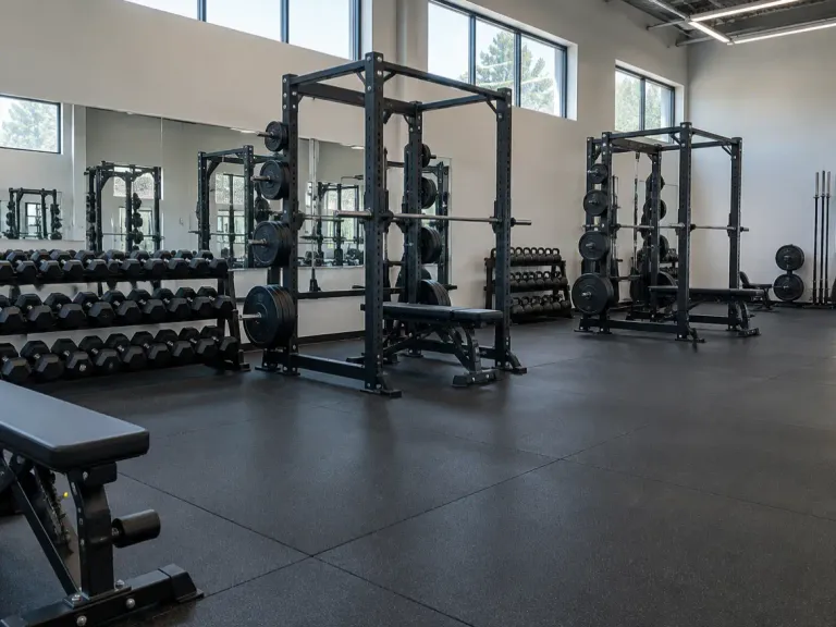 An empty commercial gym weight area with thick black rubber flooring, power racks and dumbbells.