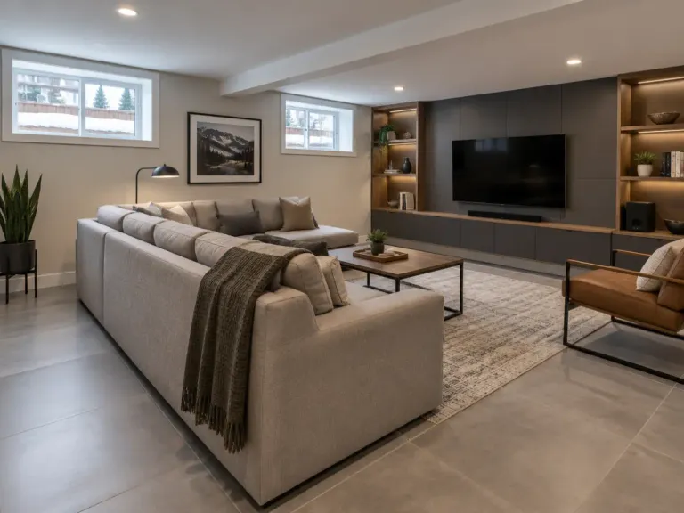 A finished basement with large-format warm grey porcelain floor tile, a sofa and a media wall.