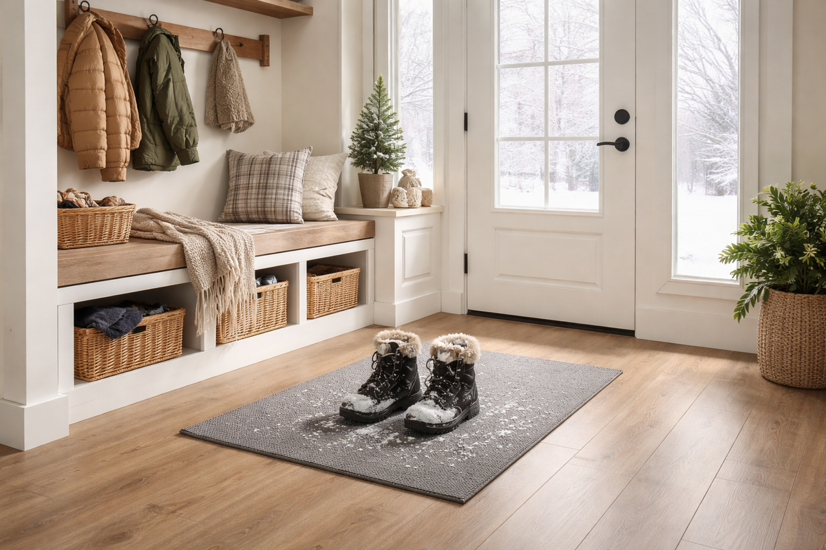 A mudroom entry with light wood-look flooring, a bench with baskets, and winter boots on a mat.