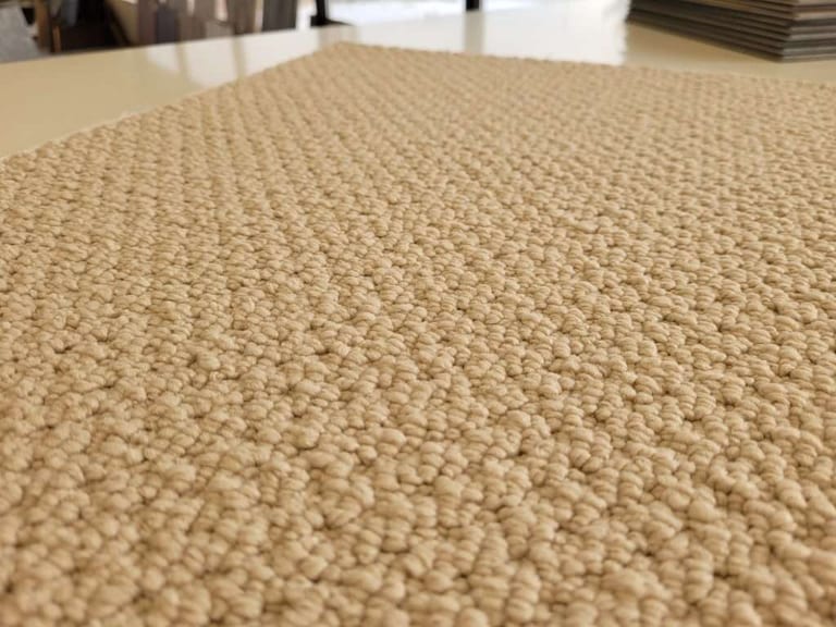 Close-up of beige loop-pile carpet, with more carpet stacked behind it