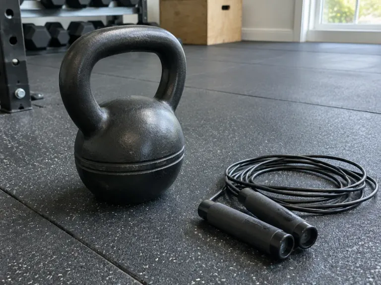 A kettlebell and a jump rope on black rubber gym flooring in a home gym.