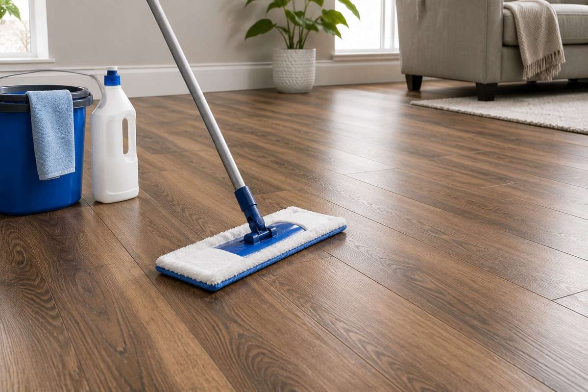 A microfibre mop cleaning warm brown wood-look laminate flooring, beside a bucket, cloth and bottles of cleaning solution.