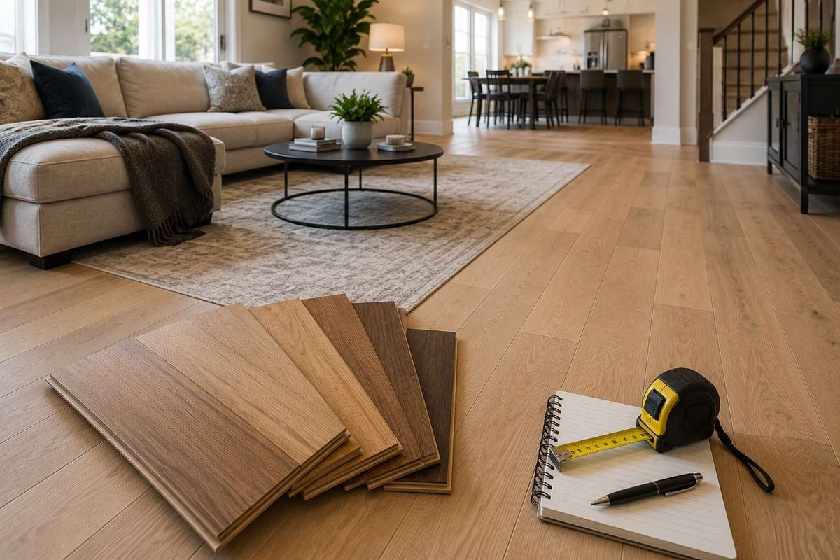 Engineered hardwood samples in warm and cool tones laid on a wood floor next to a spiral notebook and tape measure.