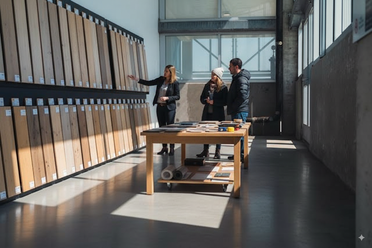 Customers being shown wood flooring samples hung on display racks in a showroom.