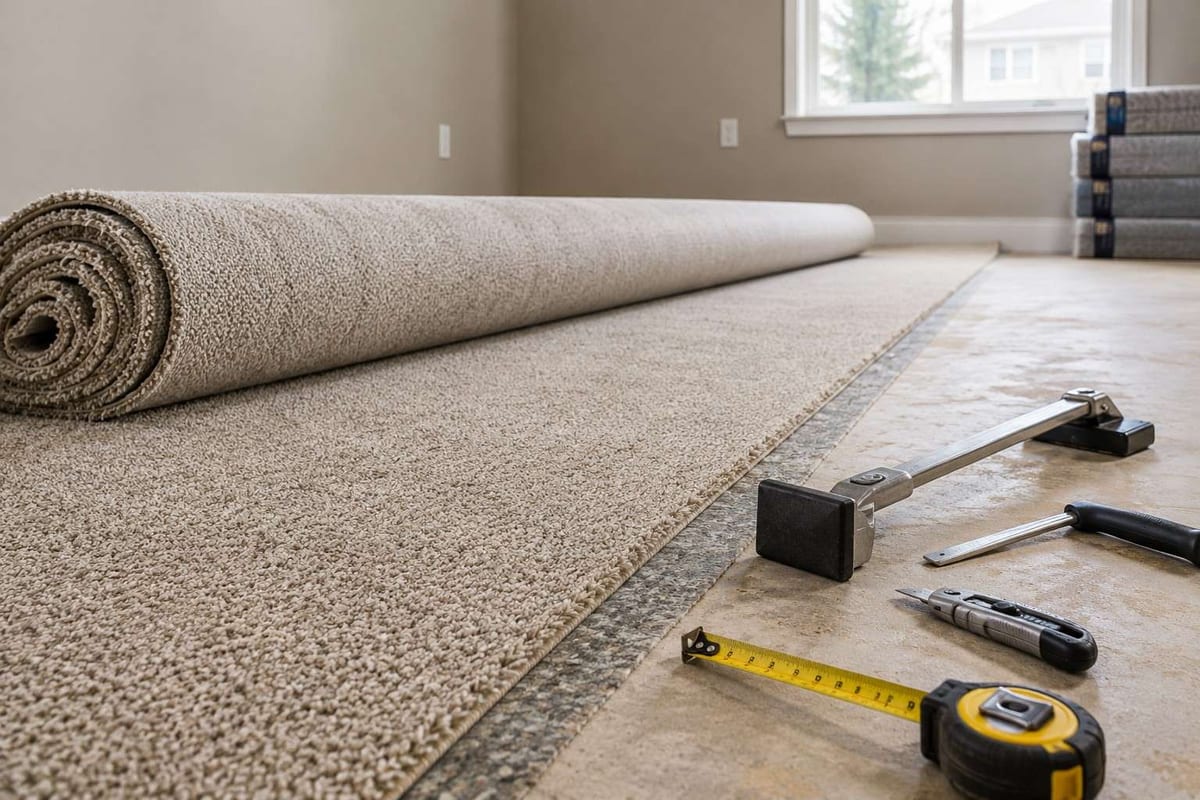 A roll of beige carpet partly unrolled over tack strip, with a tape measure, knife and hand tools alongside.