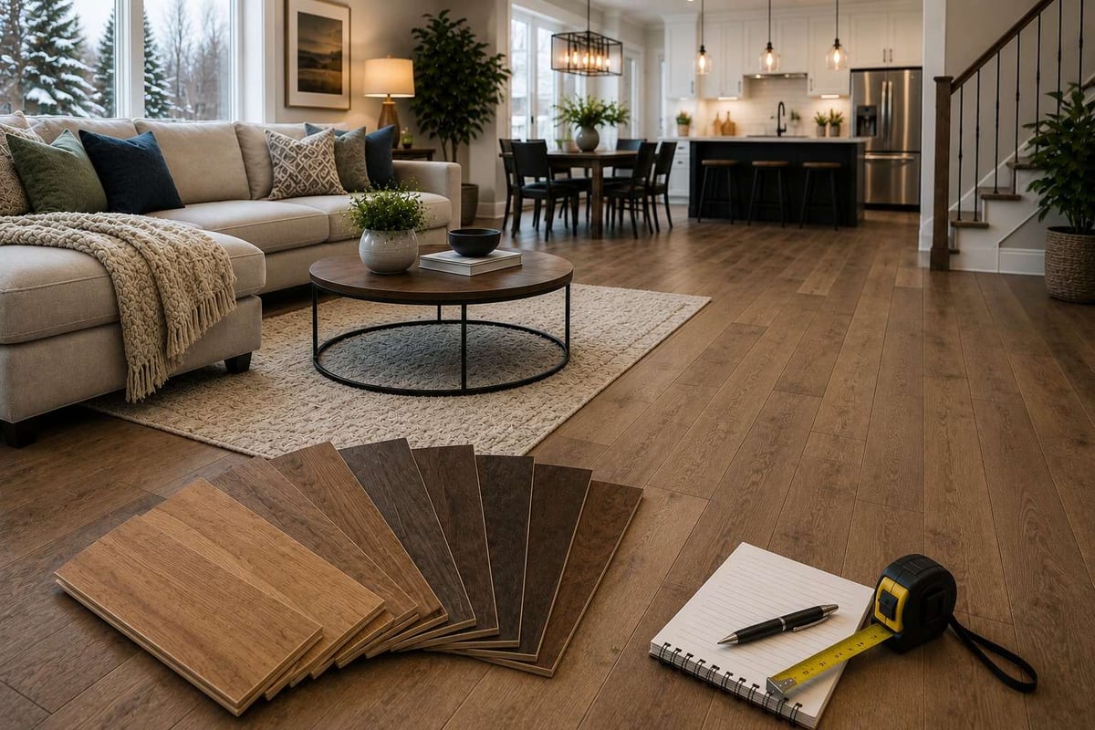Grey and brown engineered hardwood samples fanned on a pale wood floor in a living room with a notebook and tape measure.