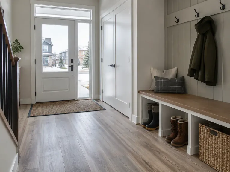 A front entry with wood-look vinyl plank flooring, a bench, boots and a doormat.