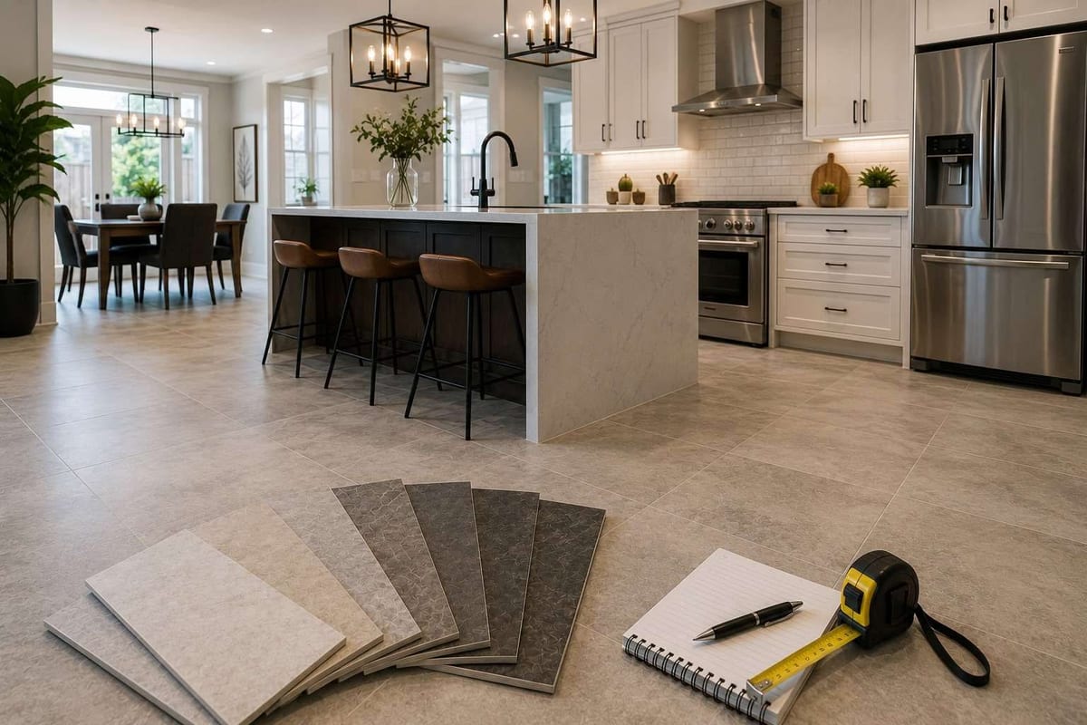 Stone-look tile samples in greys and beiges fanned on a tile floor in front of a kitchen island and stainless appliances.