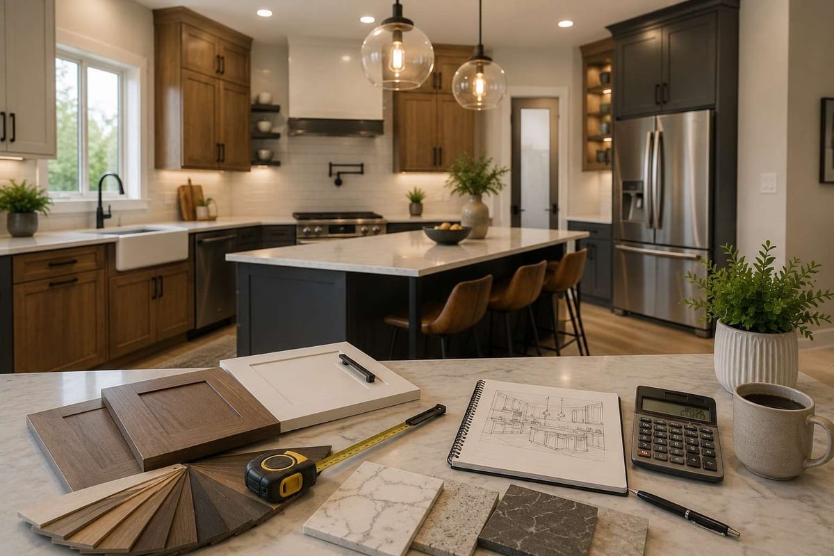 Wood cabinet door samples, stone swatches, a tape measure, calculator and sketchpad on a kitchen island countertop.