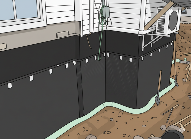 An illustration of a house foundation wrapped in a dark membrane, with a drainage pipe laid along the footing in the excavation.