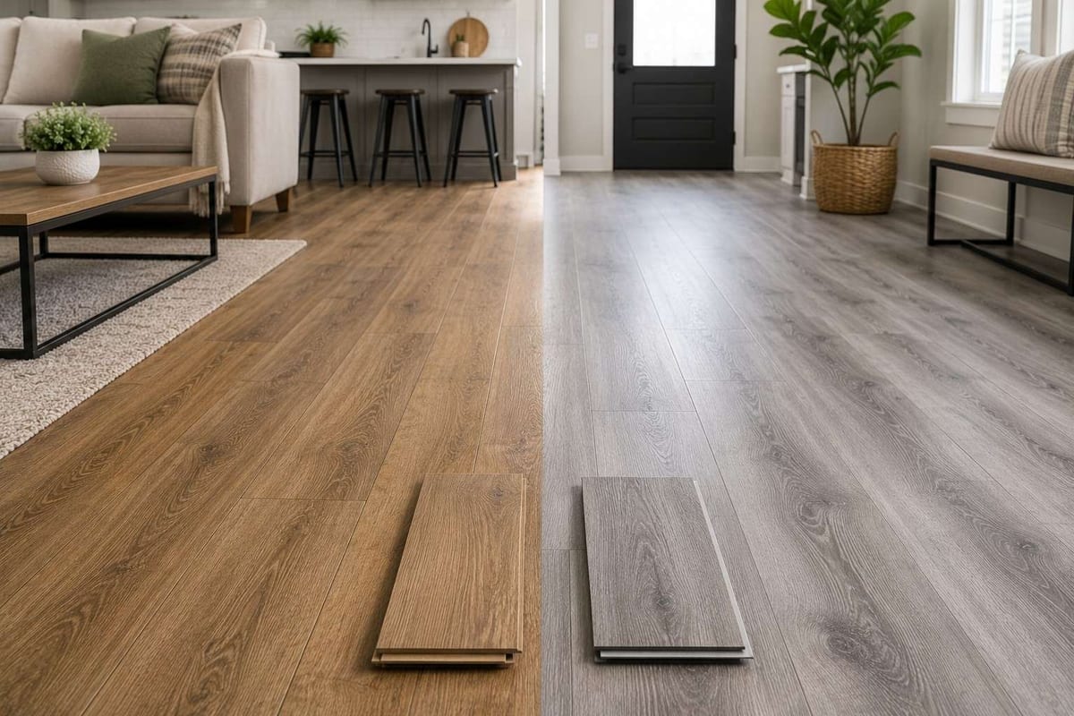One laminate plank and one vinyl plank lying side by side on a wood-look floor in an open-plan living and kitchen space.