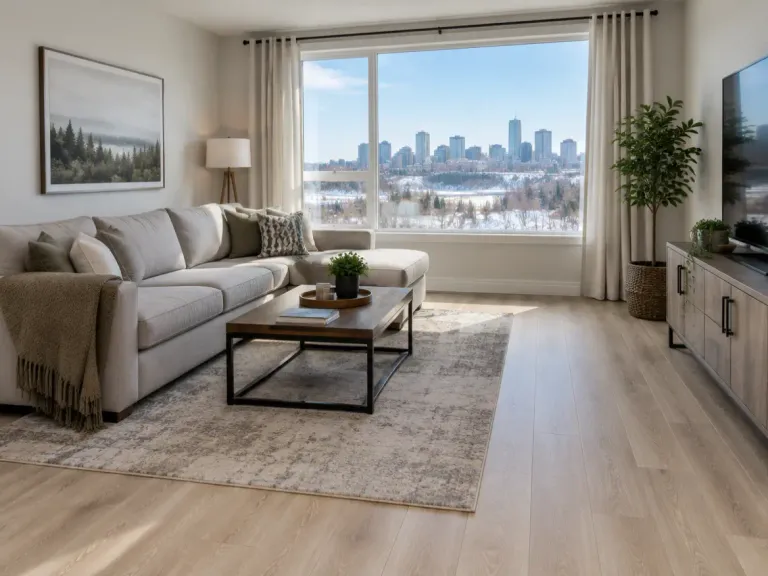 A bright living room with light oak-look vinyl plank flooring, a sofa and a large window.